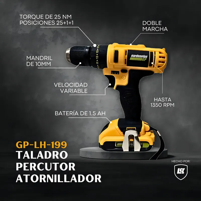 Taladro Atornillador Percutor Inalámbrico Garden Plus by Lusqtoff – 2 Baterías | 10 mm | Uso Intensivo - Herramientas