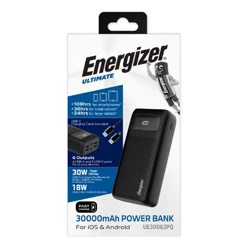 Usb Power Bank Energizer Cargador Portatil Powerbank Ultimate 30000mah Lcd 6 Salidas Color Negro - Stock disponible - Electrónica