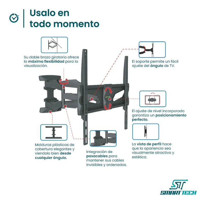 Soporte Led Tv Lcd Smart Tech MF700DL Articulado Doble Brazo Reforzado 32 40 42 43 46 47 49 50 52 55 60 65 75 Pulgadas Color Negro - Stock disponible - Electrónica