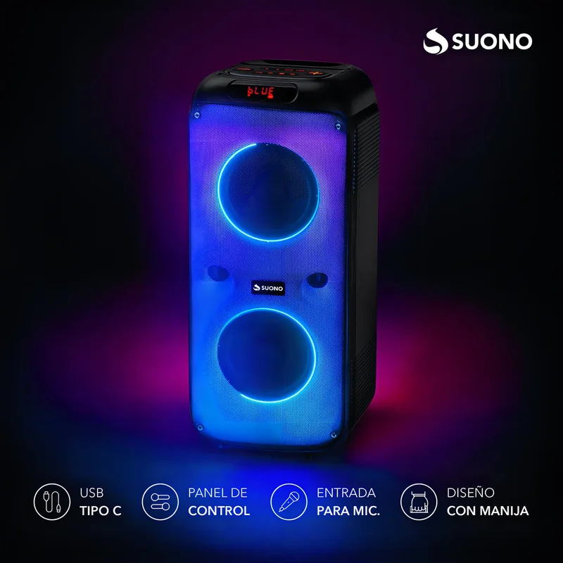 Parlante Suono 2 Woofers 6.5'' Luces Led Tws Rgb Bluetooth con Cable USB-C Color Negro - Stock disponible - Electrónica