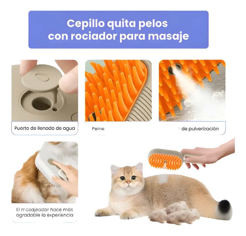 Cepillo a Vapor Recargable Talarpet para Perros y Gatos Blanco 3 en 1 Quita Pelo Masaje Limpieza - Mascotas