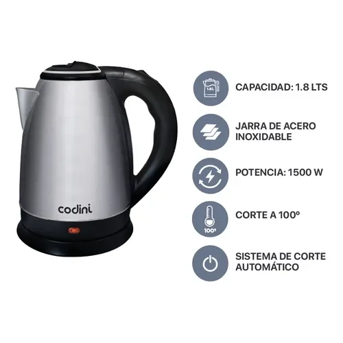 Pava Eléctrica Codini P18han Acero Inoxidable 1.8lts Gris - Stock disponible