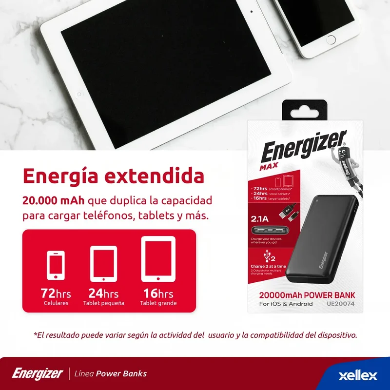 Usb Power Bank Energizer Max Cargador Portatil Powerbank 20000mah Visor Led Negro - Stock disponible - Electrónica