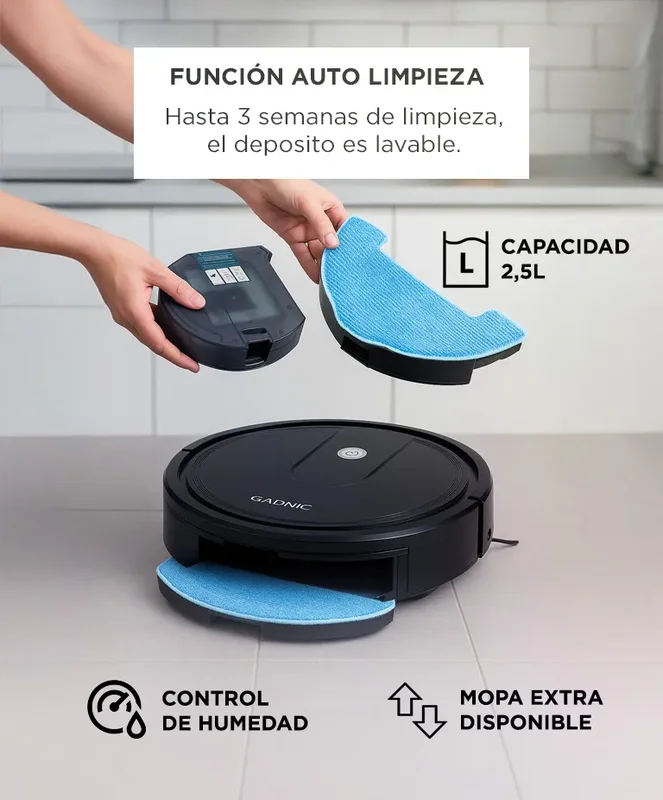 Aspiradora Robot Gadnic 5 Modos Limpieza Trapeo Inteligente Depósito de Agua Polvo Control App Conexion Inalambrica Sensores Anti‐Colisión Anticaída - Stock disponible - Electrodomésticos
