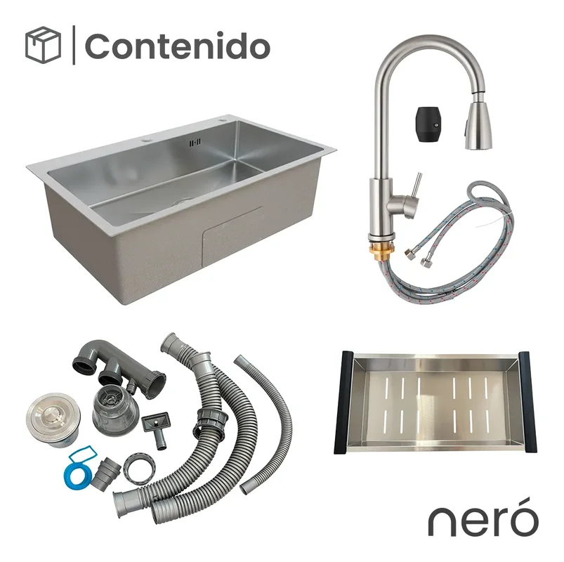 Bacha Pileta Cocina Mesada Simple Grifería Monocomando Acero Color Gris Aira-7045 Neró - Stock disponible - Casa y Jardín