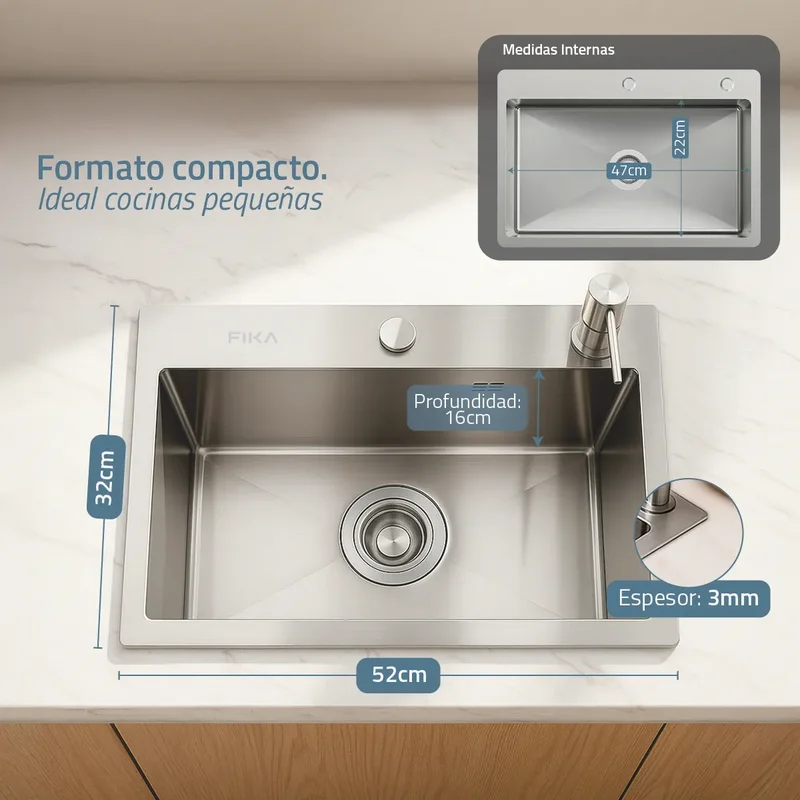 Bacha De Cocina Moderna Lavadero Pileta Simple Rectangular Fika Con Dispenser 52x32x16cm Plateada - Stock disponible - Casa y Jardín