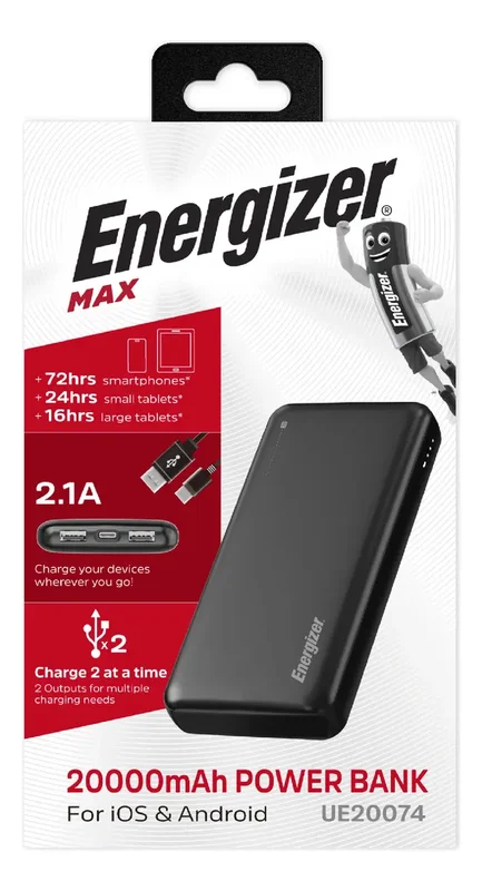 Usb Power Bank Energizer Max Cargador Portatil Powerbank 20000mah Visor Led Negro - Stock disponible - Electrónica