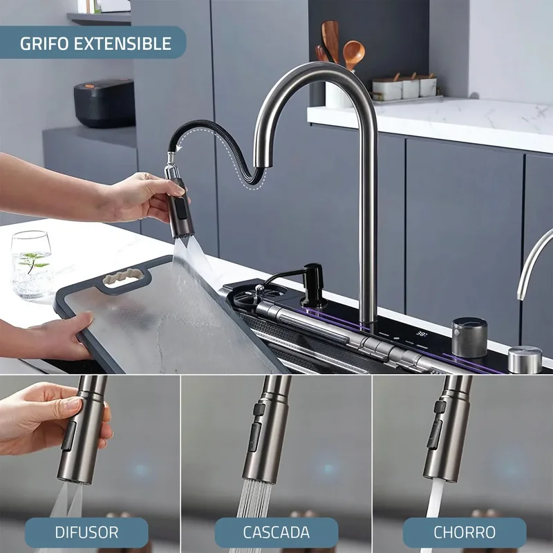 Bacha De Cocina Moderna Fika Inteligente Smart Multifunción Digital Led 75x45x22cm Plateada - Stock disponible - Casa y Jardín