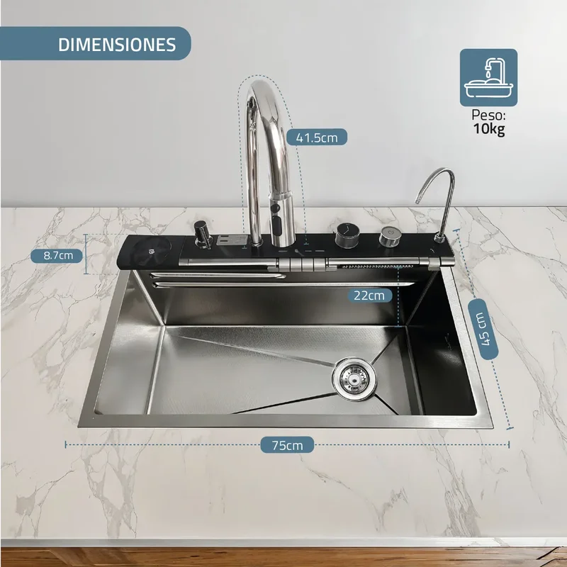 Bacha De Cocina Moderna Fika Inteligente Smart Multifunción Digital Led 75x45x22cm Plateada - Stock disponible - Casa y Jardín