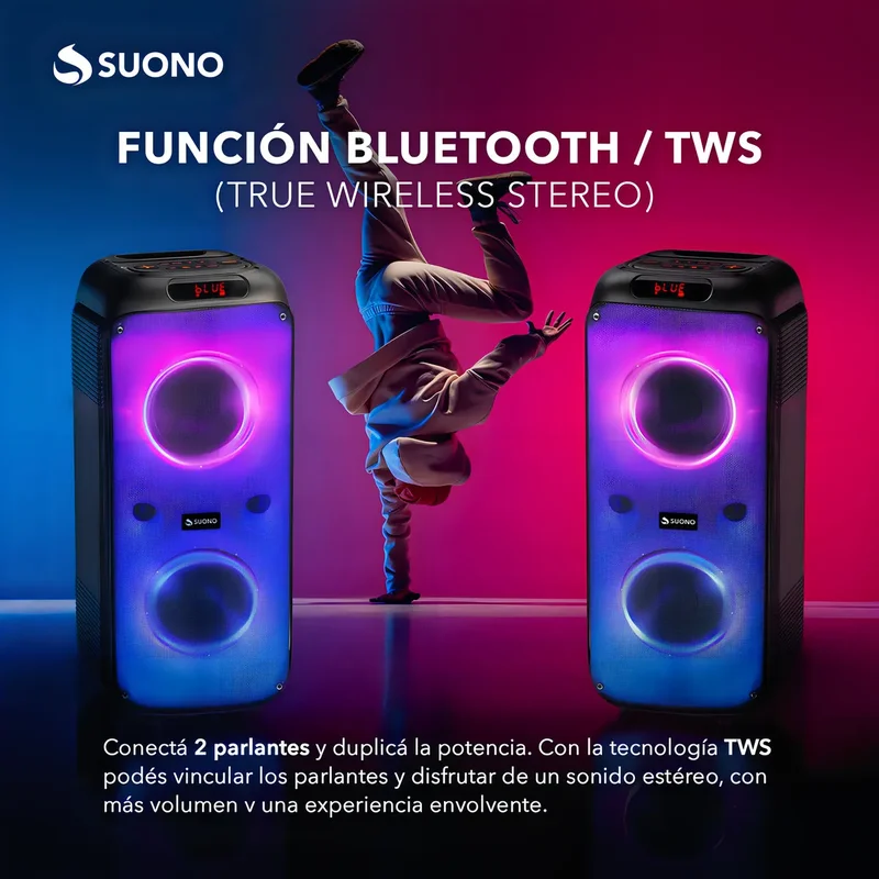 Parlante Suono 2 Woofers 6.5'' Luces Led Tws Rgb Bluetooth con Cable USB-C Color Negro - Stock disponible - Electrónica