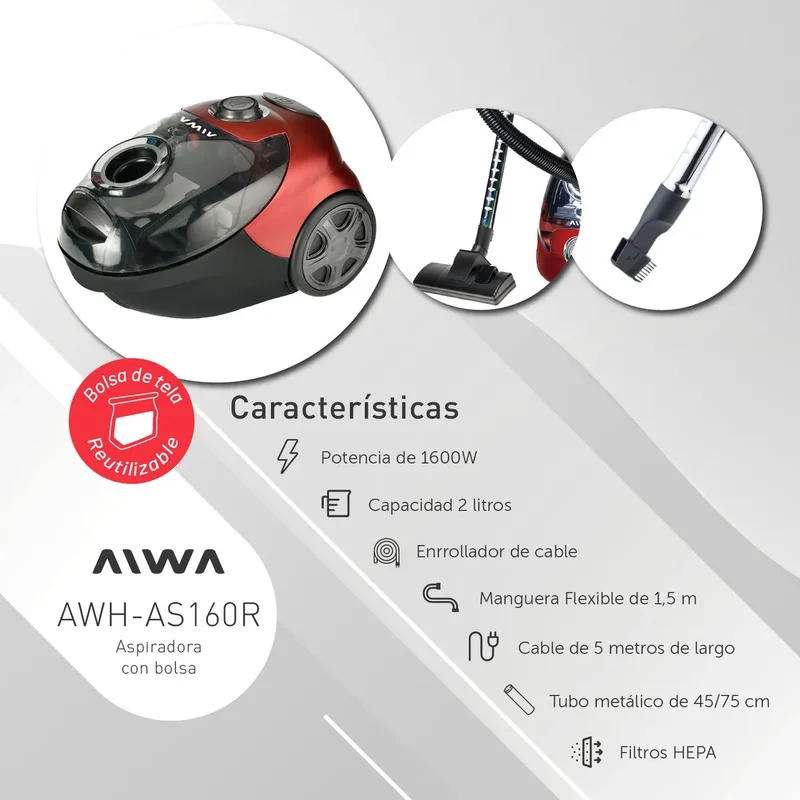 Aspiradora Con Bolsa Reutilizable Aiwa 1600w 2l + Accesorios Color Rojo - Stock disponible - Electrodomésticos