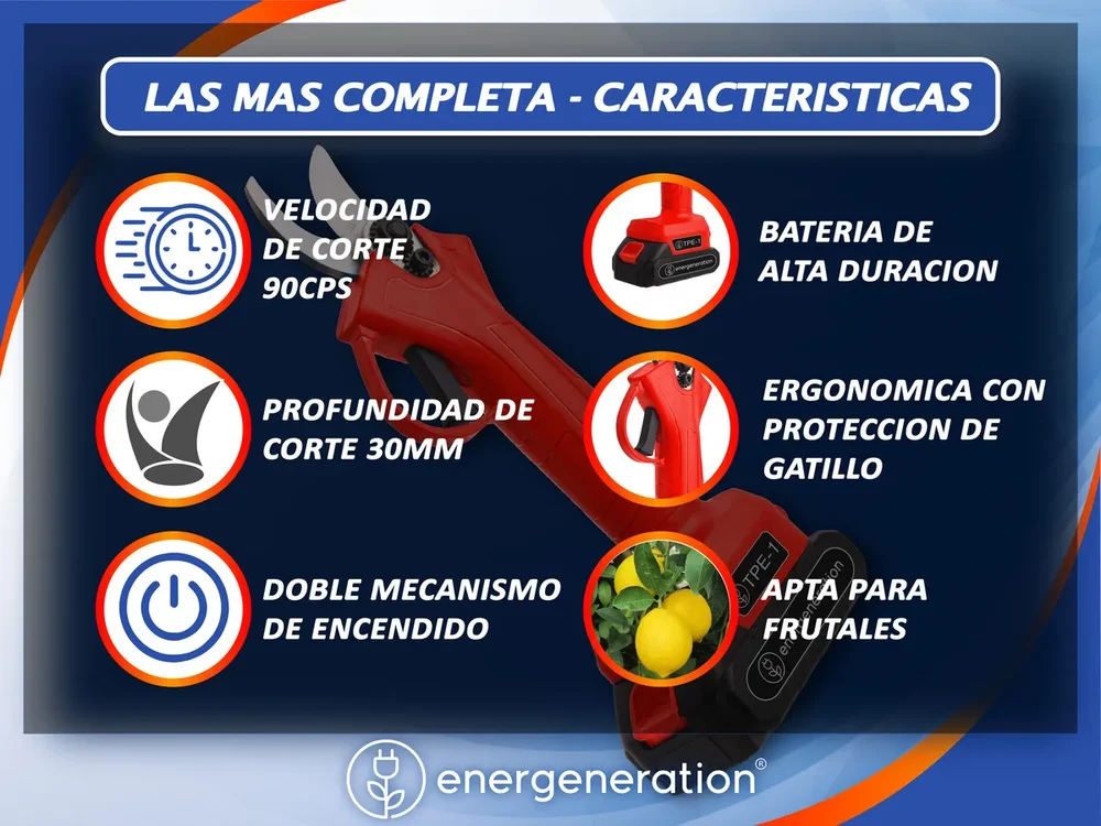 Tijera De Poda Eléctrica Bateria Energeneration Tpe-1 Ø30mm Color Rojo - Stock disponible - Electrónica