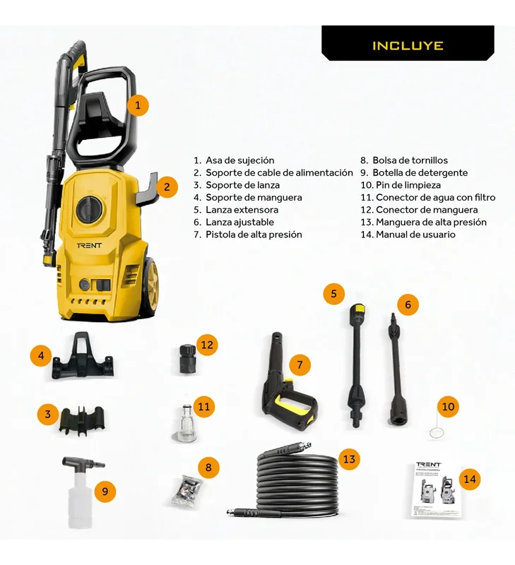 Hidrolavadora Electrica Trent HLT307 1400W Alta presion 1600 Psi 110 Bar con Accesorios - Stock disponible - Construcción