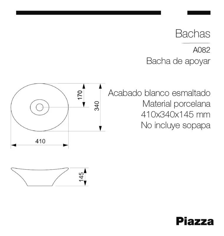 Bacha de Apoyo Piazza A082 - 410 x 330 x 145mm - Lavamanos Ovalada de Porcelana - Stock disponible - Casa y Jardín