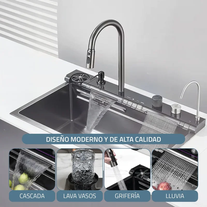 Bacha De Cocina Moderna Fika Inteligente Smart Multifunción Digital Led 75x45x22cm Plateada - Stock disponible - Casa y Jardín