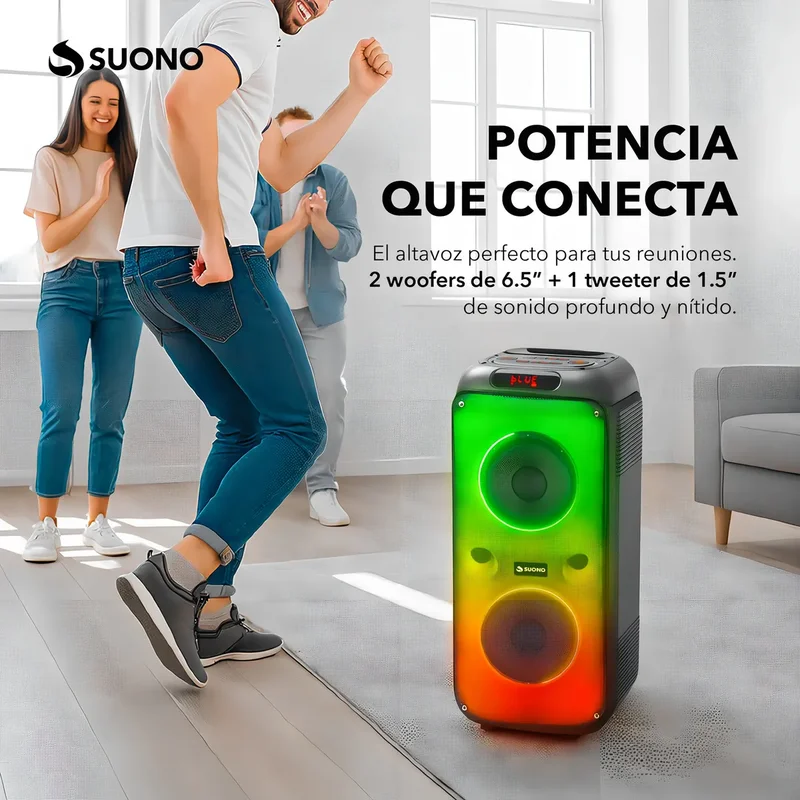 Parlante Suono 2 Woofers 6.5'' Luces Led Tws Rgb Bluetooth con Cable USB-C Color Negro - Stock disponible