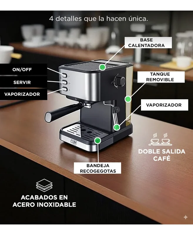 Cafetera Espresso Con Espumador Cuk By Gadnic 20 Bares 1,5l Espumador 1050W Tanque Removible Acero Inoxidable - Stock disponible - Electrodomésticos