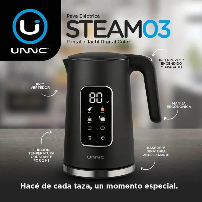 Pava Eléctrica Unnic Pantalla Digital Táctil Acero Inoxidable 1.7 L Temperatura Prestablecidas Ideal Para Mate Café Te Color Blanco - Stock disponible - Electrodomésticos
