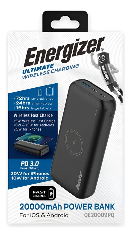 Usb Power Bank Energizer Cargador Inalámbrico Portatil Powerbank 20000mah Led Color Negro - Stock disponible - Electrónica