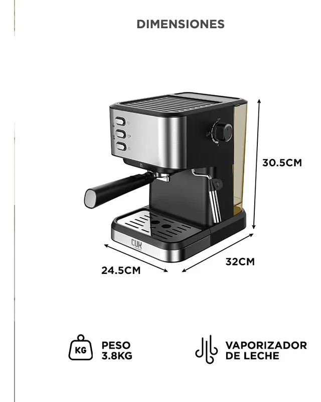 Cafetera Espresso Con Espumador Cuk By Gadnic 20 Bares 1,5l Espumador 1050W Tanque Removible Acero Inoxidable - Stock disponible - Electrodomésticos