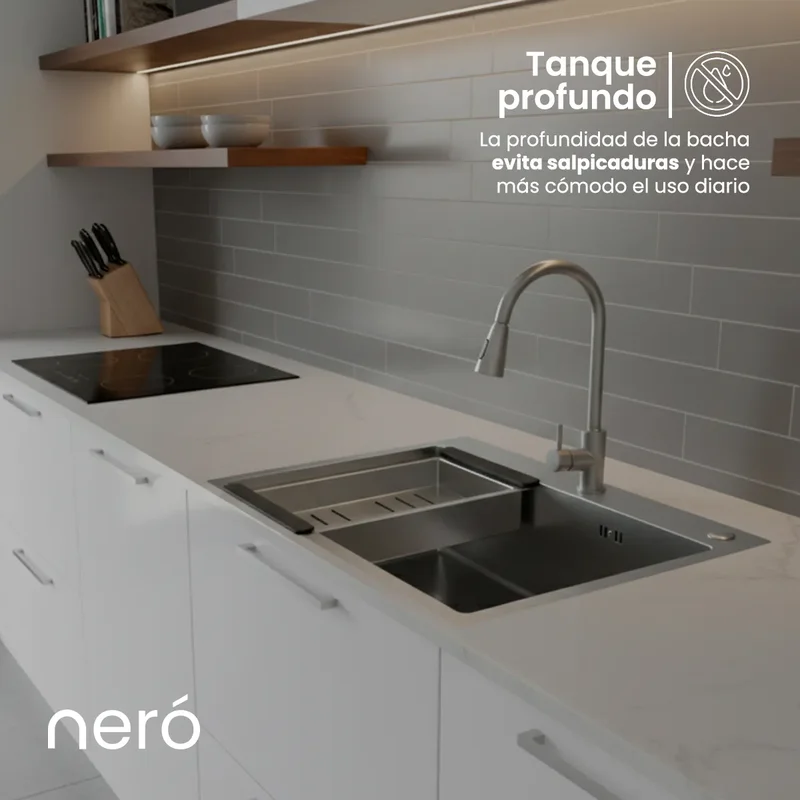 Bacha Pileta Cocina Mesada Simple Grifería Monocomando Acero Color Gris Aira-7045 Neró - Stock disponible