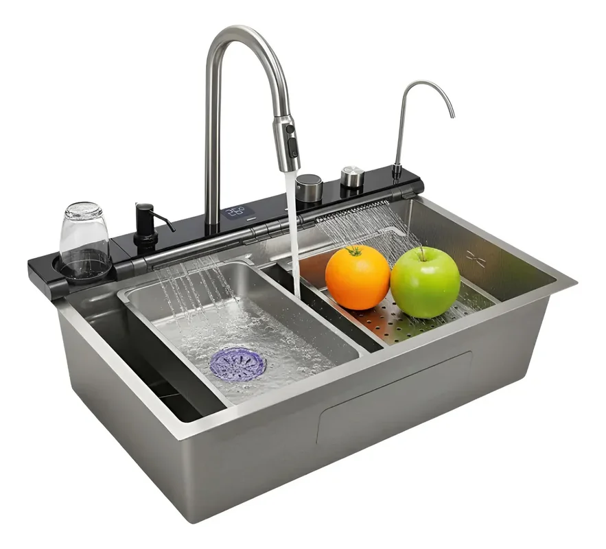 Bacha De Cocina Moderna Fika Inteligente Smart Multifunción Digital Led 75x45x22cm Plateada - Stock disponible - Casa y Jardín