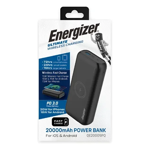 Usb Power Bank Energizer Cargador Inalámbrico Portatil Powerbank 20000mah Led Color Negro - Stock disponible - Electrónica