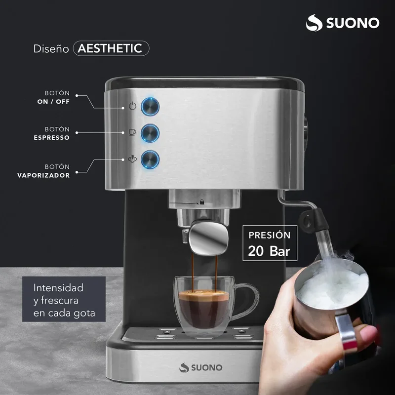 Cafetera Expresso Suono 1.5 L Acero Inoxidable 20 Bar Calentamiento de Tazas 1350 W Color Negro/Plateado - Stock disponible - Productos para Mascotas