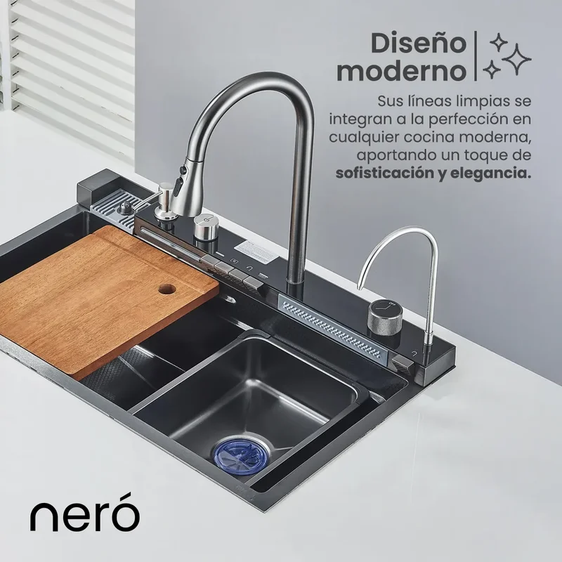 Bacha cocina inteligente multifuncion griferia digital Led Neró Cervina-8450 color negro - Stock disponible - Casa y Jardín