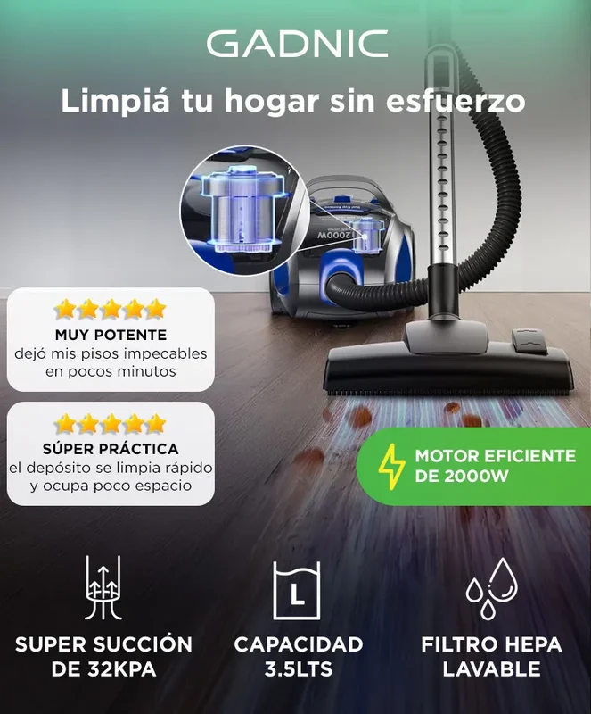 Aspiradora Ciclónica Gadnic 2000w Filtro Lavable Rebobinado Automático De Cable - Stock disponible - Electrodomésticos