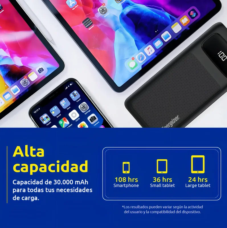 Usb Power Bank Energizer Cargador Portatil Powerbank Ultimate 30000mah Lcd 6 Salidas Color Negro - Stock disponible - Electrónica