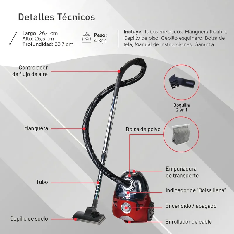 Aspiradora Con Bolsa Reutilizable Aiwa 1600w 2l + Accesorios Color Rojo - Stock disponible - Electrodomésticos