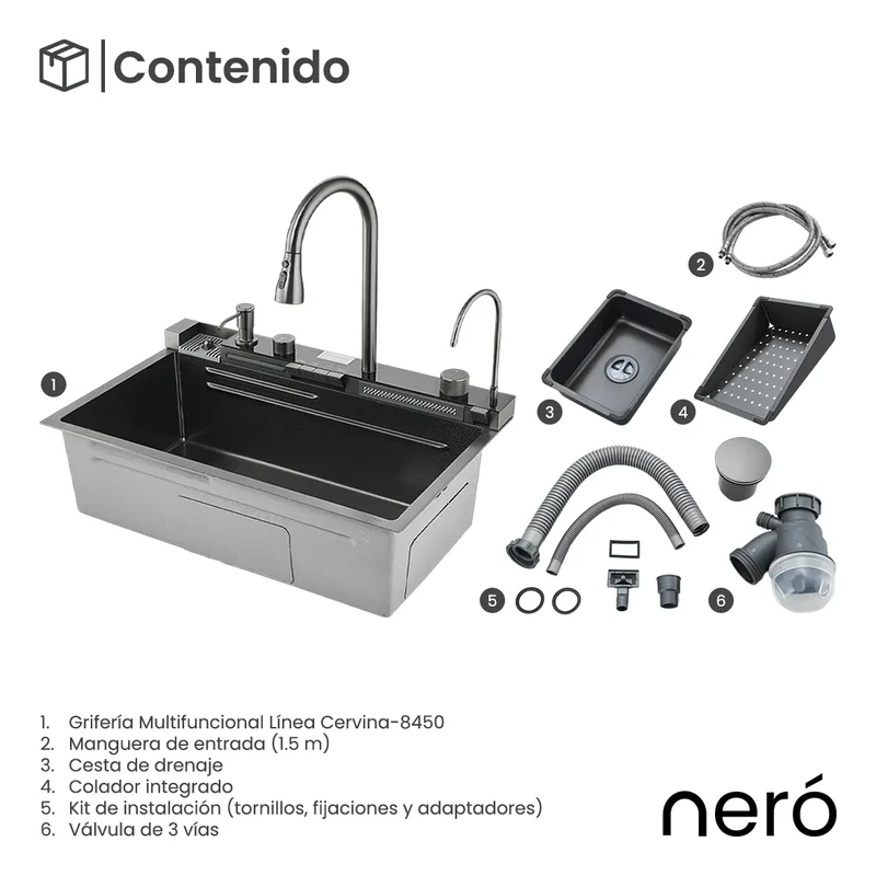 Bacha cocina inteligente multifuncion griferia digital Led Neró Cervina-8450 color negro - Stock disponible - Casa y Jardín