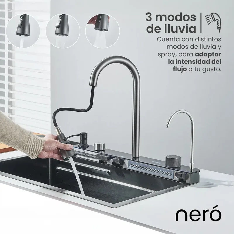 Bacha cocina inteligente multifuncion griferia digital Led Neró Cervina-8450 color negro - Stock disponible - Casa y Jardín